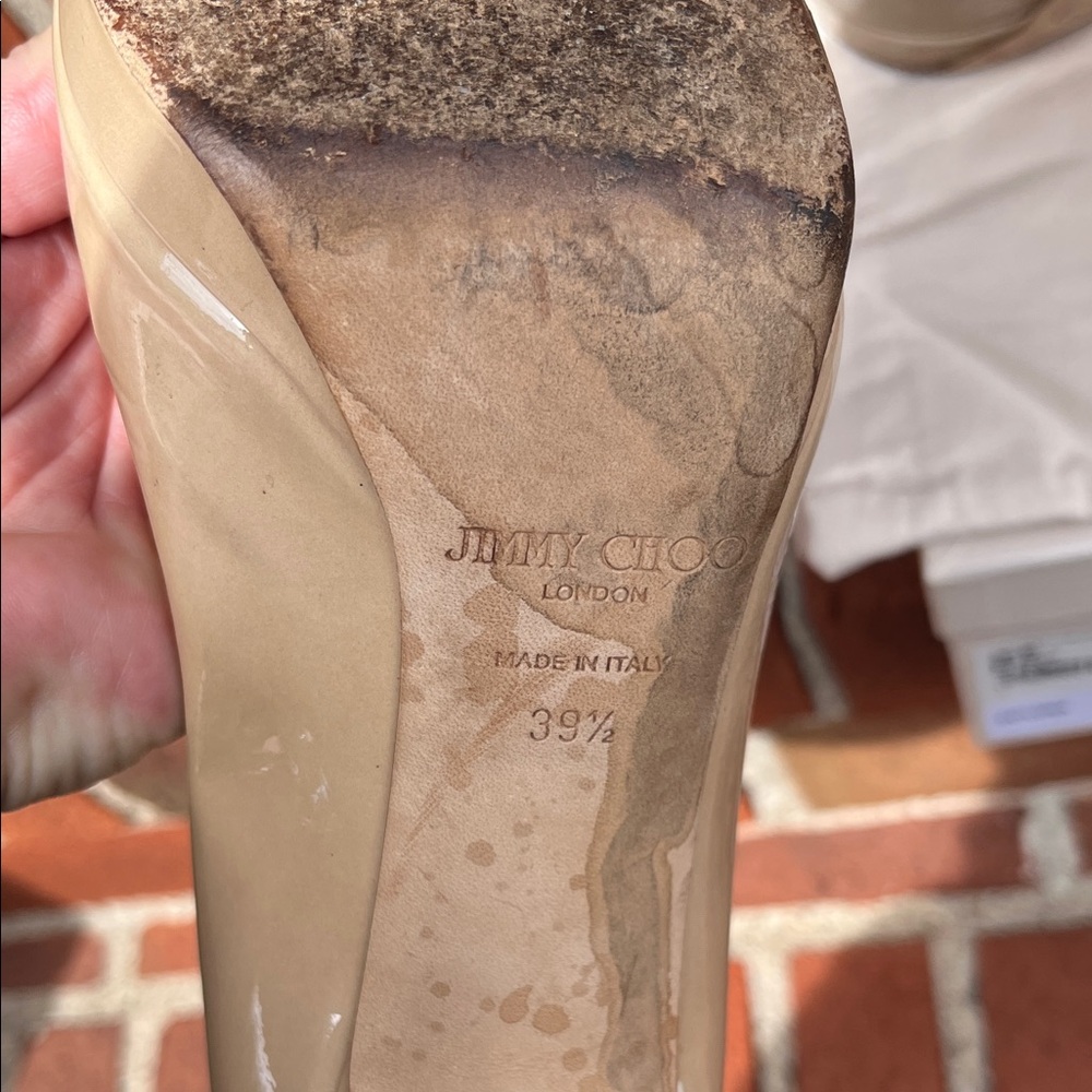Jimmy Choo Nude Patent Leather Peep Toe Heels - Picture 7 of 10